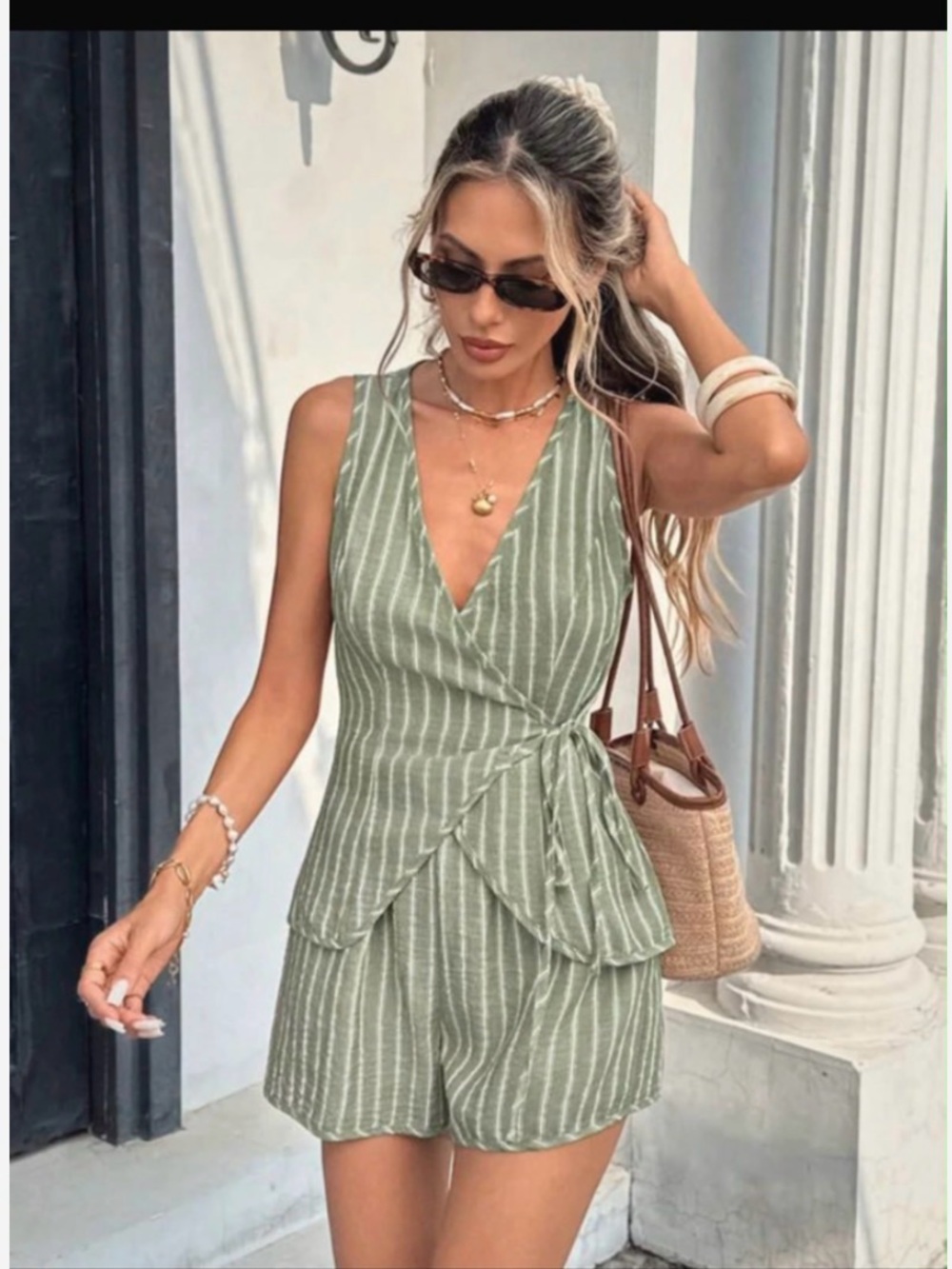 Sleeveless Green Stripe Wrap Romper
